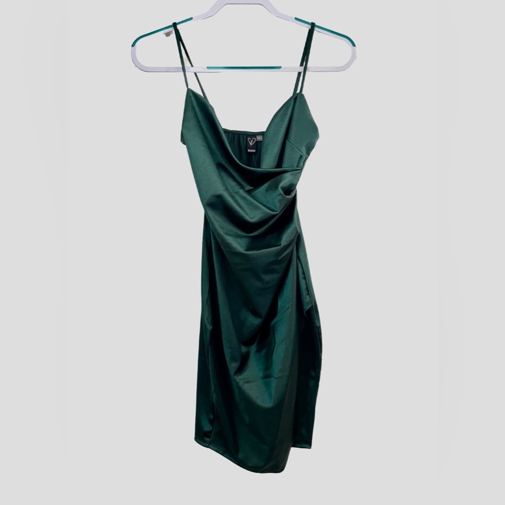 windsor spaghetti strap form fitting wrap dress in green shiny stretch